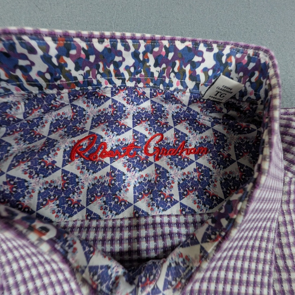 Robert Graham Button Down Shirt Mens XL Purple Check Egyptian Cotton Flip Cuff - Picture 4 of 8
